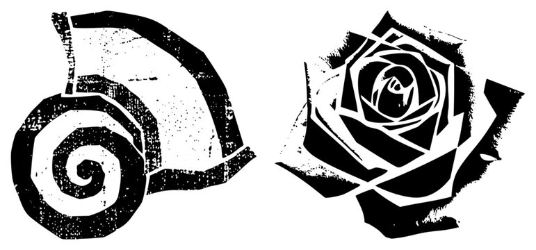 Graphic design featuring a snail and rose, halftone texture, bold,, isolated symbols, tattoo art, stencil style.