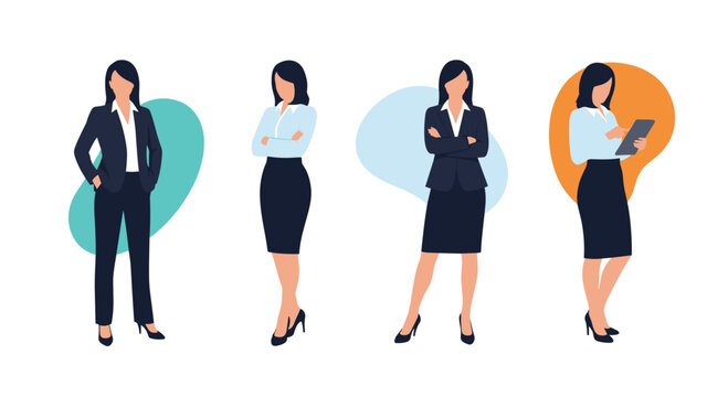 Collection of professional businesswomen standing in various poses, wearing formal office attire like blazers and pencil skirts for work.
