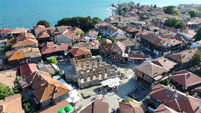 Vertical video of Nesebar harbor and old town panorama