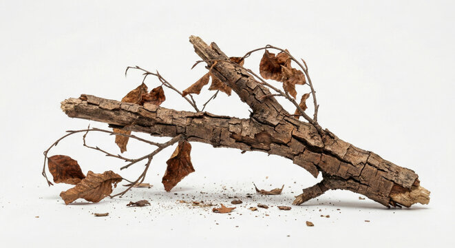Dry dead tree branch with withered leaves isolated on white background.