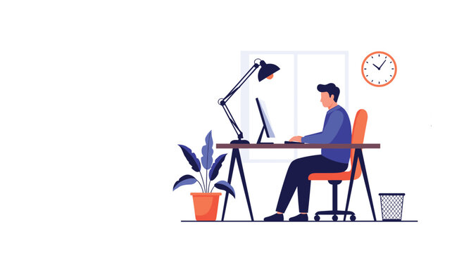 Young man working at his home office desk with a computer, task lamp, and a wall clock in a clean and organized workspace environment illustration.