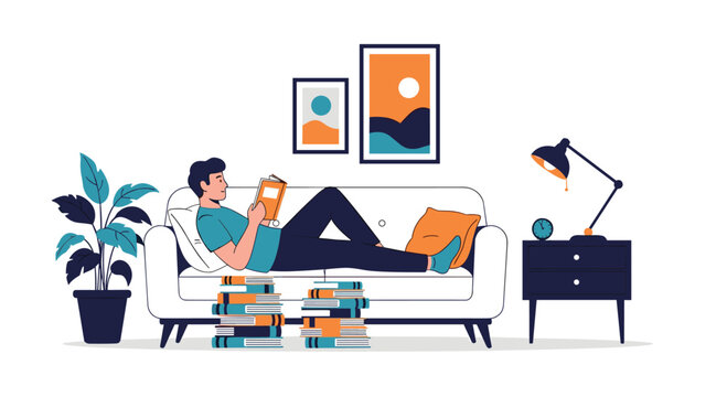 Young man relaxing on a white sofa and reading an orange book in a cozy living room with plants a lamp and framed mountain art.