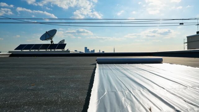 Wide view of a flat rooftop with a rolled-up silver tarp, under a bright blue sky scattered with clouds. Urban skyline visible in the distance