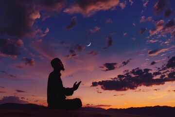 Muslim man praying under crescent moon at sunset