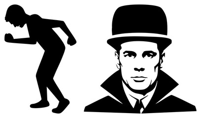 Obraz premium Stylized boxer silhouette and sharp faced detective in bowler hat, minimalist vector art, noir inspired characters, graphic design elements, high contrast.