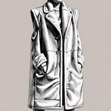 Sketch of a women's sleeveless faux fur vest, longline silhouette with open front pockets in a flat fashion design