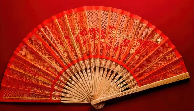 Elegant Red Hand Fan with Intricate Floral Design on Red Background.
