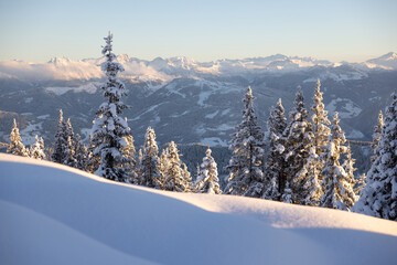 dyllic wintertime landscape with snowy Alps at the sunset  © Olha Sydorenko
