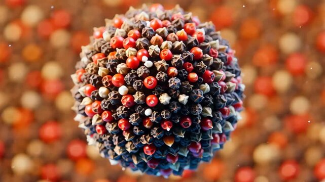 An abstract close-up view of a colorful spherical structure resembling a cluster of spices, with vibrant red and brown hues, against a blurred earthy background
