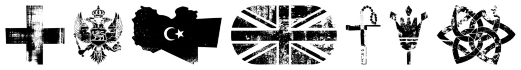 Obraz premium Distressed national flags and emblems, including Montenegro, Turkey, UK, and ancient symbols, rendered in with textured.