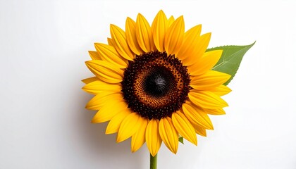 Obraz premium Single Vibrant Sunflower with Green Leaf and Stem Isolated on White Background Macro Photography