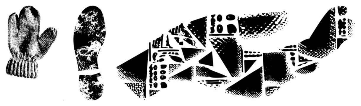 Knitted mitten with ribbed cuff, textured footprints, halftone, vector illustration, winter gear, graphic design element.