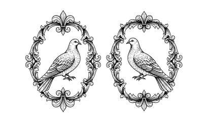 Vintage dove oval medallions with fleur de lis engraving style vector © Liton