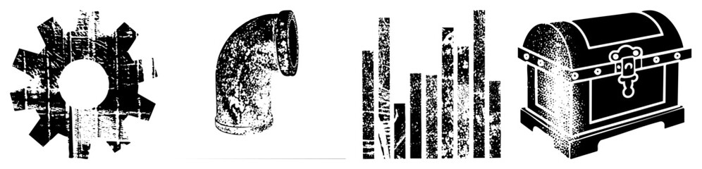 Weathered mechanical gear, corroded pipe elbow, distressed bar chart, ornate treasure chest all in gritty halftone style. Industrial, vintage, and financial symbols with worn texture.