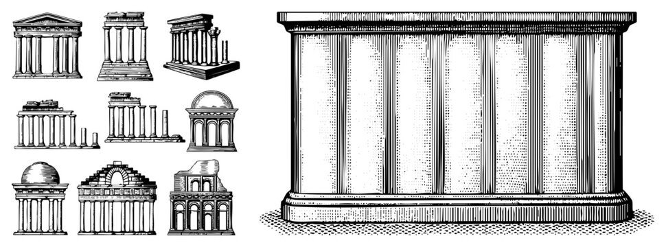 Ancient temple ruins, Doric and Ionic columns, pediments, entablatures, domed structures, architectural fragments, historical ruins, classical design.