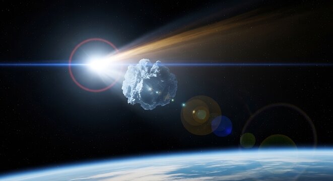 A large asteroid hurtles through space towards the Earth with a bright explosion in the background.