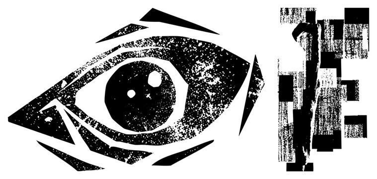 Graphic eye with gritty halftone texture, abstract geometric, bold, vector art, isolated symbol design.