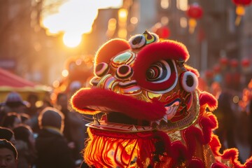 Lion dance performing during chinese new year celebration at sunset