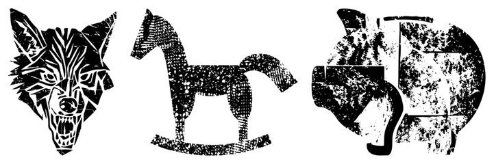 Fototapeta premium Graphic vector of wolf head, rocking horse, and pig with halftone textures, isolated black shapes, bold, rustic design, decorative motifs.