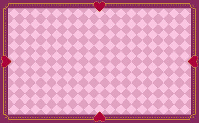 アリス風レトロピンクのハートの濃い赤色のクラシックフレームとダイヤ模様と金の飾り