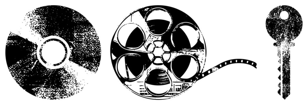 Retro symbols including film reel, compact disc, and key, rendered in distressed black and white vector art, ideal for film, tech, or lock themed designs.