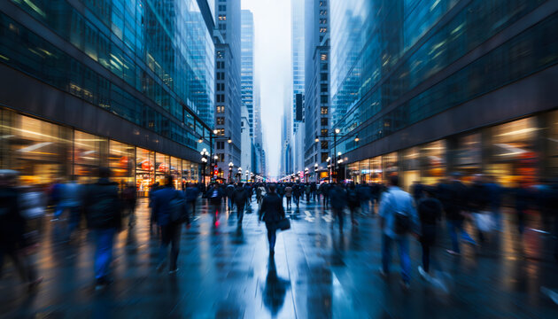 busy city street with motion blurred crowd representing fast paced urban business life