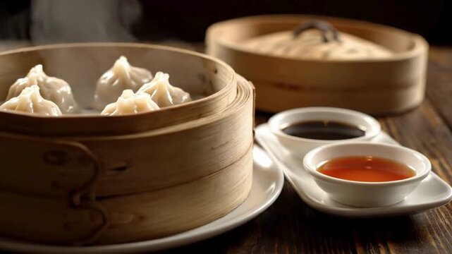 Delicious hot steamed dumplings, a staple of Asian cuisine, presented in traditional bamboo steamers alongside flavorful dipping sauces on a rustic wooden table, ready to be enjoyed