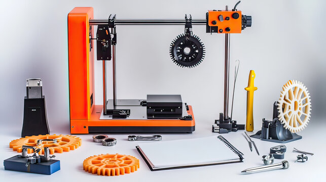 STEM tools kit with a 3D printer, gears, mechanical tools, and nuts '' on transparent background''