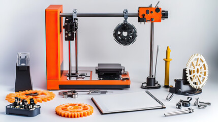 STEM tools kit with a 3D printer, gears, mechanical tools, and nuts '' on transparent background''