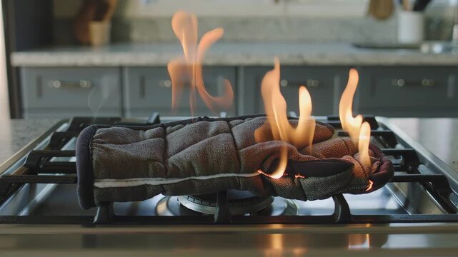 Rising flames engulf oven mitt on lit burner urgency clear in rapid fire spread smoke formation urgency requiring split-second action and fire suppression knowledge, need for accessible safety tools.