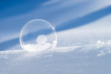 Soap Bubble Starting to Freeze Resting in Snow