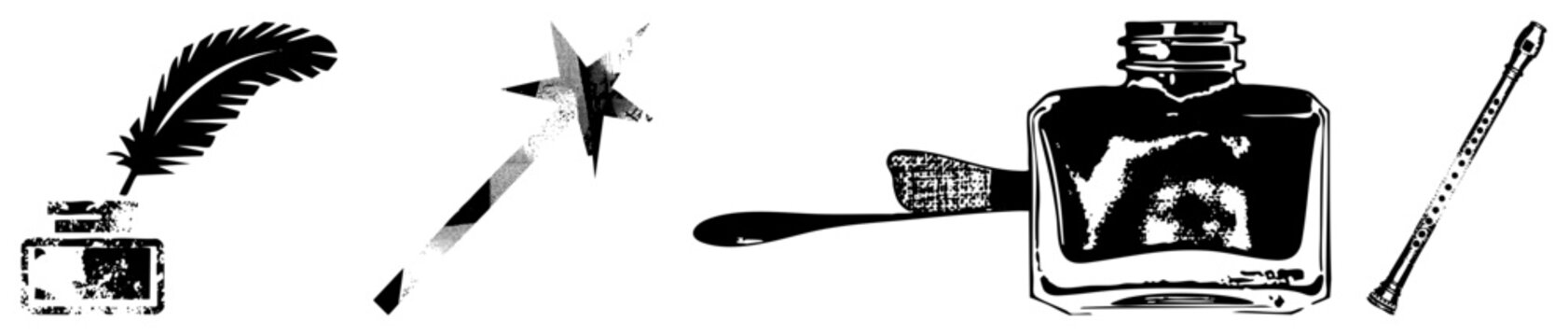 Feather quill pen, magic wand, inkwell, recorder flute classic creative tools, stylized black and white vector, artistic stationery and musical symbols.