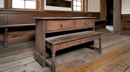 Rustic wooden furniture in an old historical building interior with a vintage aesthetic and natural light streaming through windows