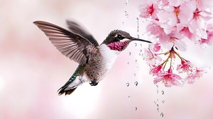 Obraz premium Vibrant Hummingbird Hovering Near Cherry Blossom Flowers with Water Droplets in Soft Background