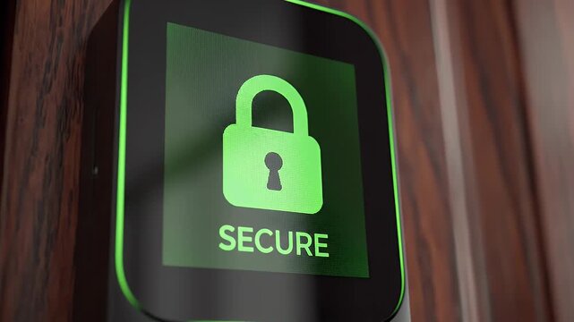 A black rectangular device with a green glowing padlock on screen, and the word "SECURE