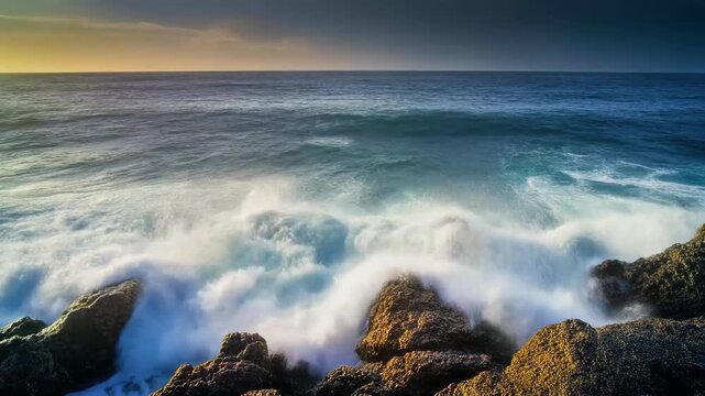 Ocean waves crashing on rocky shoreline background