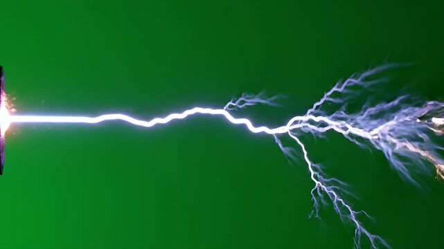A vibrant plasma arc erupts, traversing a verdant backdrop, creating a mesmerizing spectacle