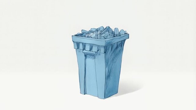 A blue wastebasket overflowing with crumpled paper, symbolizing clutter and disorganization