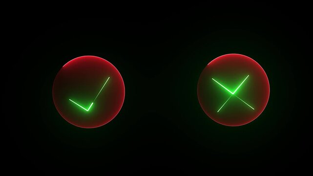 Glowing Approval and Cancel Symbol. Green tik mark and red cross icon. Glowing Neon Check Mark and Cross Icon.