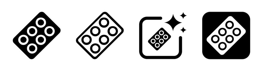 Black pill strip icon representing medication tablets capsules and supplements for healthcare interfaces
