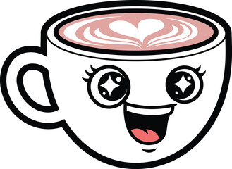 Cute cartoon coffee cup character with sparkling eyes and a wide happy smile featuring pink heart latte art, isolated vector illustration on white background.