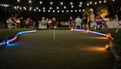 Fototapeta premium Medium shot featuring a nighttime putting green with colorful path lighting and blurred background elements emphasizing a relaxed social gathering vibe.
