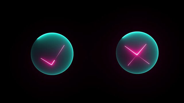Glowing Approval and Cancel Symbol. Green tik mark and red cross icon. Glowing Neon Check Mark and Cross Icon.