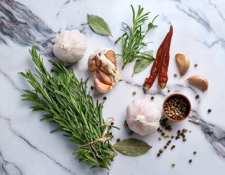 herbs and spices with garlic on white marble
