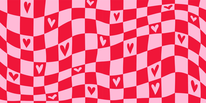 Red and pink vintage distorted love seamless pattern. Checkered romantic pink hearts background print. Valentine's day holiday retro backdrop texture, romantic groovy design. Vector