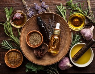 rustic flat lay of herbs spices and oils