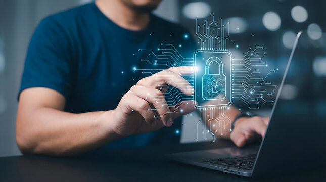 Cybersecurity concept with finger touching padlock icon,digital network protection system,secure data privacy connection,internet safety technology,information encryption lock.
