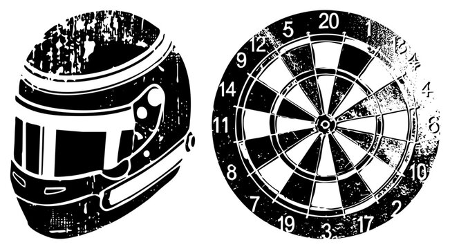 Racing helmet with visor and ventilation, dartboard with numbered segments, distressed black and white vector art, sport equipment, game target.