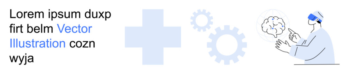 Obraz premium Healthcare technology, medical innovation, brain analysis, virtual reality, neuroscience, future of medicine. Doctor in VR headset analyzing brain with medical icons. Healthcare technology