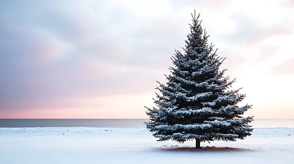 Snow-Covered Evergreen Tree Against Soft Winter Sky and Calm Frozen Horizon at Dusk